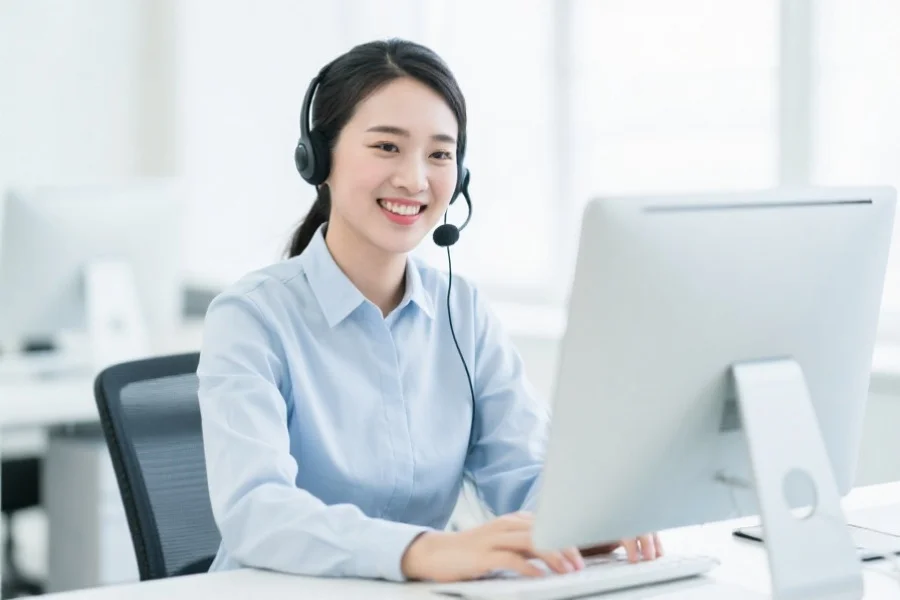 一位客服人员微笑着佩戴耳麦，坐在明亮整洁的办公环境中为用户在线解答问题，展现专业服务