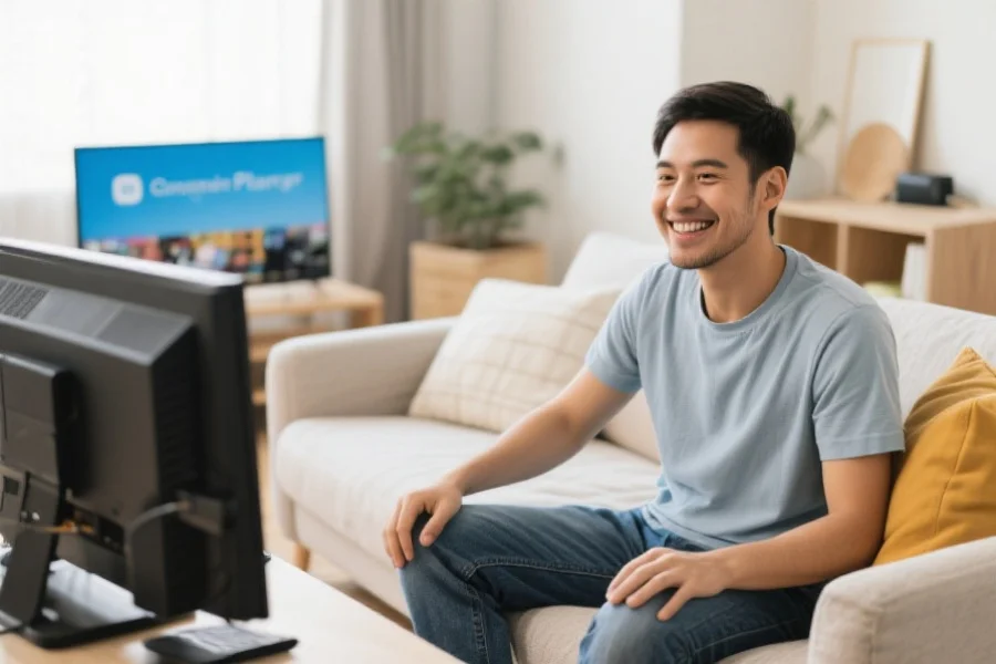 用户在家中舒适地体验娱乐平台，面带微笑，感受安全与愉快的氛围